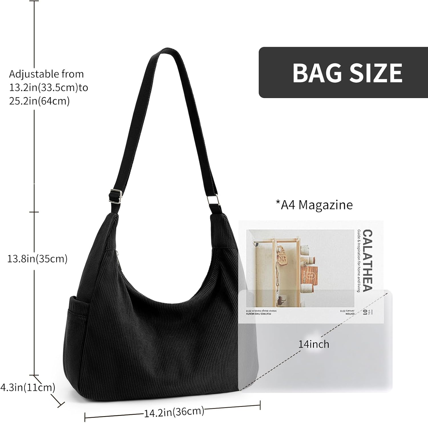 KALIDI Corduroy Tote Bag for Women Large Capacity Shoulder Bag with Zip and Pockets Compartments Waterproof for College School Work Travel Shopping
