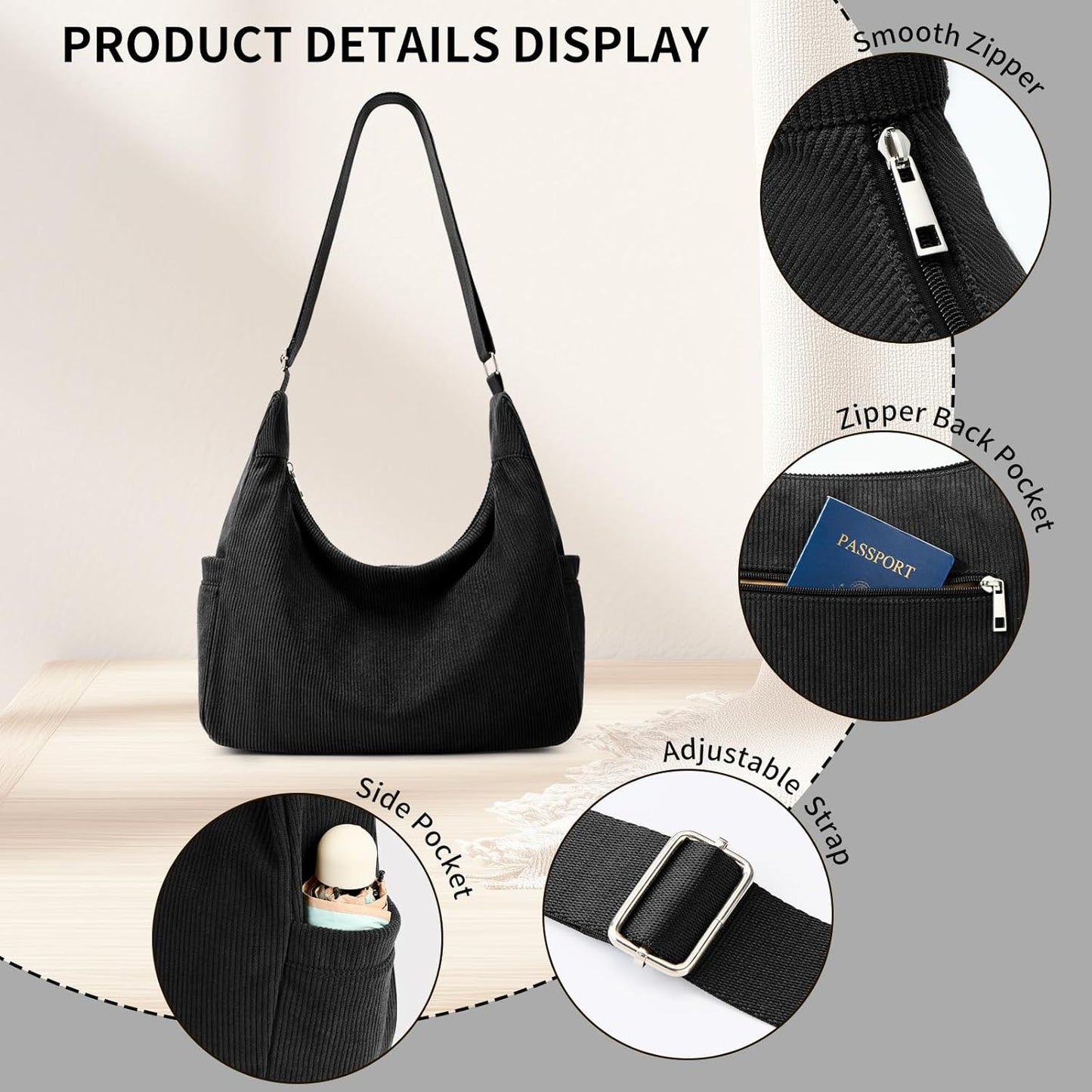 KALIDI Corduroy Tote Bag for Women Large Capacity Shoulder Bag with Zip and Pockets Compartments Waterproof for College School Work Travel Shopping